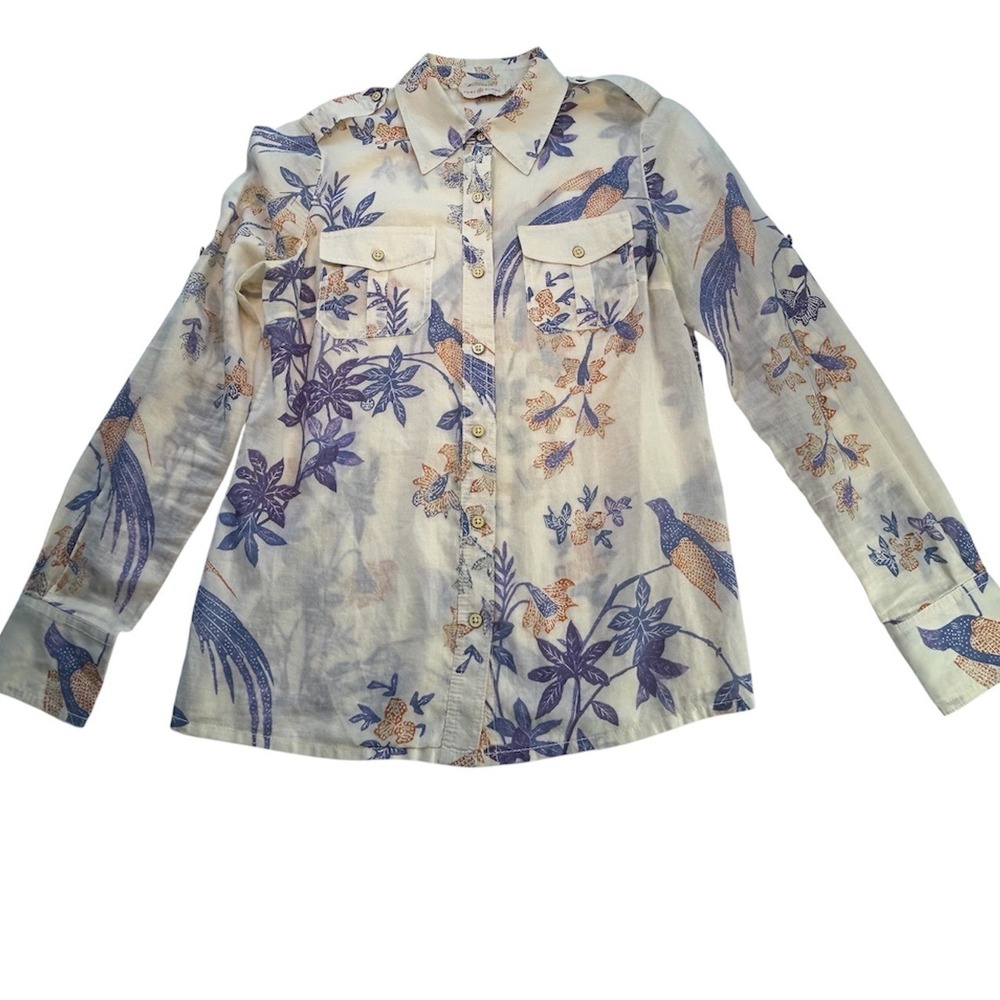 Tory Burch Bird Print Button Up Shirt Women 8 Cream Purple Bird Graphic Floral